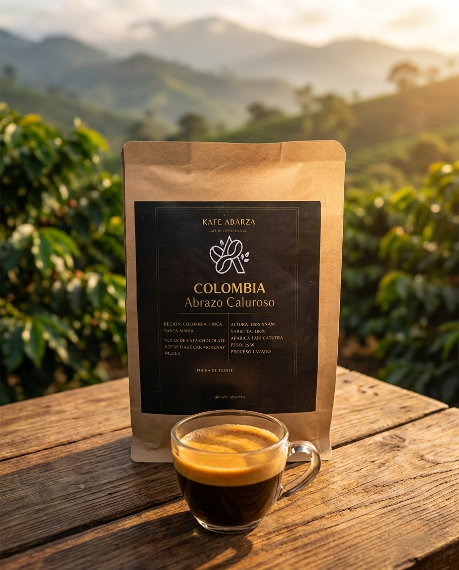 Bolsa de café Colombia frente a una finca cafetera al atardecer